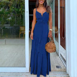 Elegant and Sexy Summer Women's V-neck Beach Dress with High Waist Waist Waist Waist Belt and Sling Long Dress for Party - Lootquake