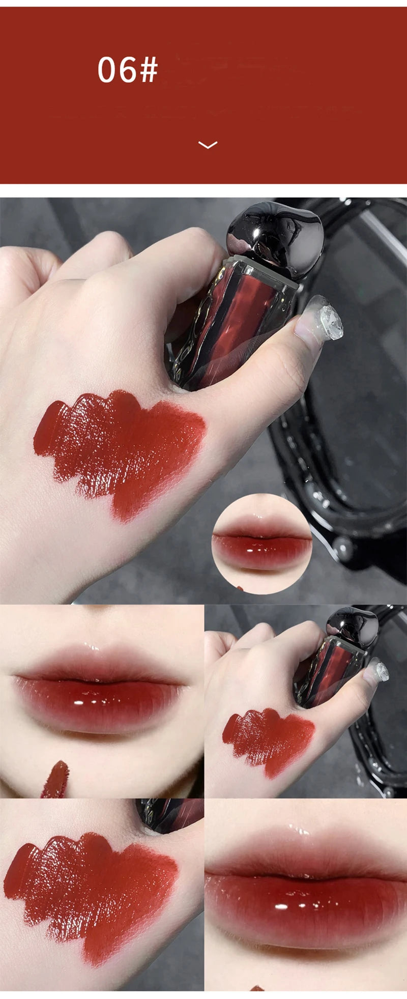 Rouge à lèvres liquide violet foncé, léger, longue tenue, transparent, hydratant, effet miroir, rose pêche, antiadhésif