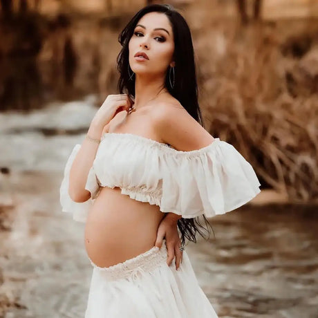 Maternity Dress For Photoshoot Pregnancy Off Shoulder Ruffled Semi Transparent Chiffon Long Dress Photography Dress For Women - Lootquake