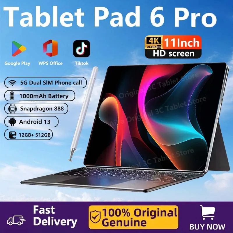 Tablette PC HD4K Pad 6 Pro originale de 2024 pouces, Android 13, 12 Go + 512 Go, 10 000 mAh, Snapdragon 888, Bluetooth, WiFi