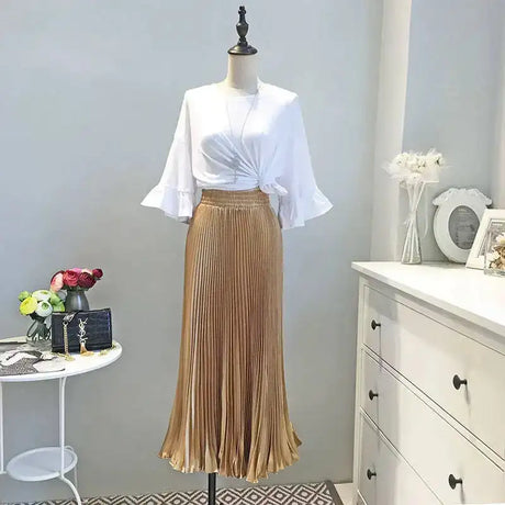 High-Waisted Vintage A- Line Accordion Skirt European Style Pleated Dress Metal Color Wide Hemline Long Dress For Women - Lootquake