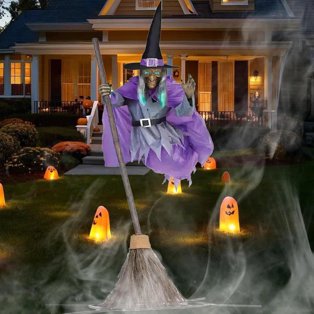 Halloween Props with Terrifying Sounds and Lights Halloween Flying Witch Decor Broom Wizard Decor for Balcony Entry Themed Party