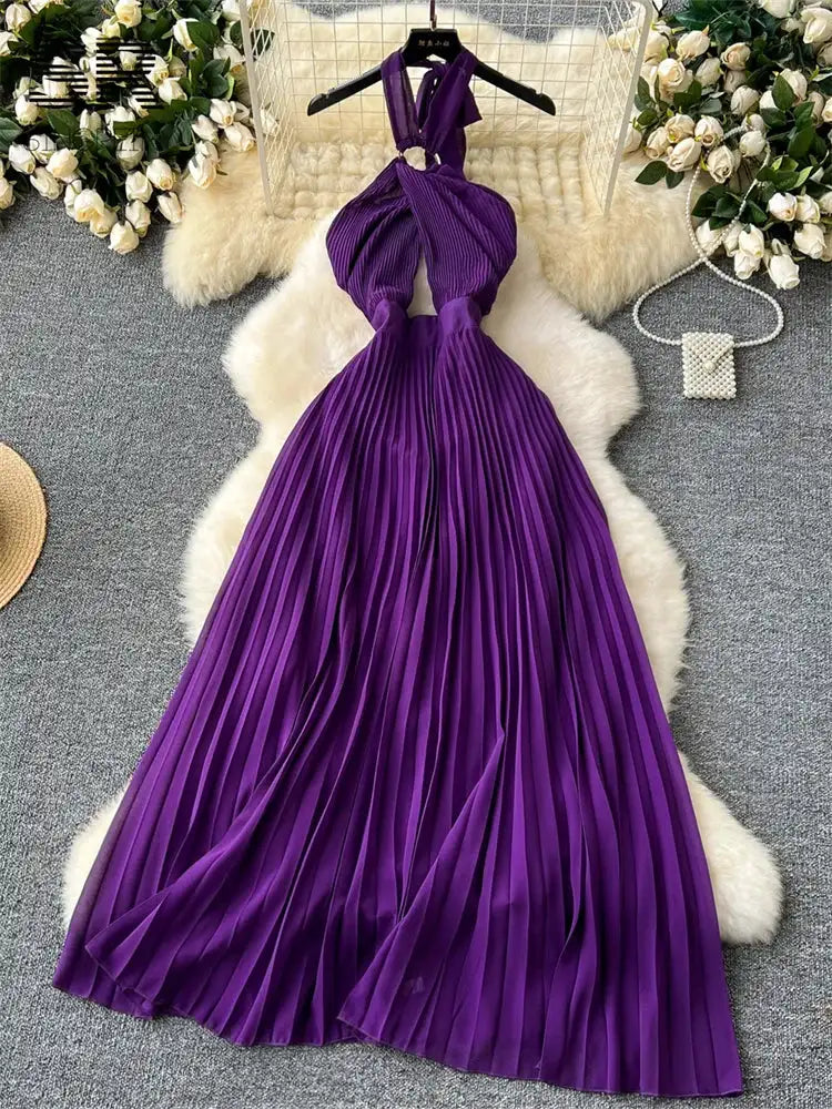 SINGREINY Sexy Halter Pleated Dress Women Summer Hollow Out Cross Lace Up Zipper Design Sleeveless Backless Elegant Long Dress - Lootquake