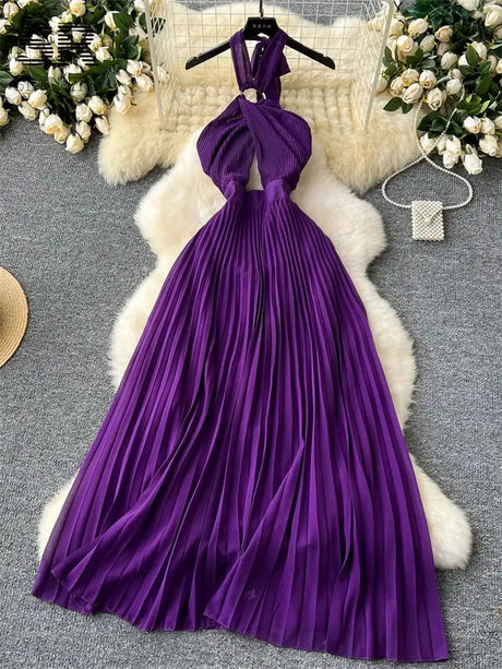 SINGREINY Sexy Halter Pleated Dress Women Summer Hollow Out Cross Lace Up Zipper Design Sleeveless Backless Elegant Long Dress - Lootquake