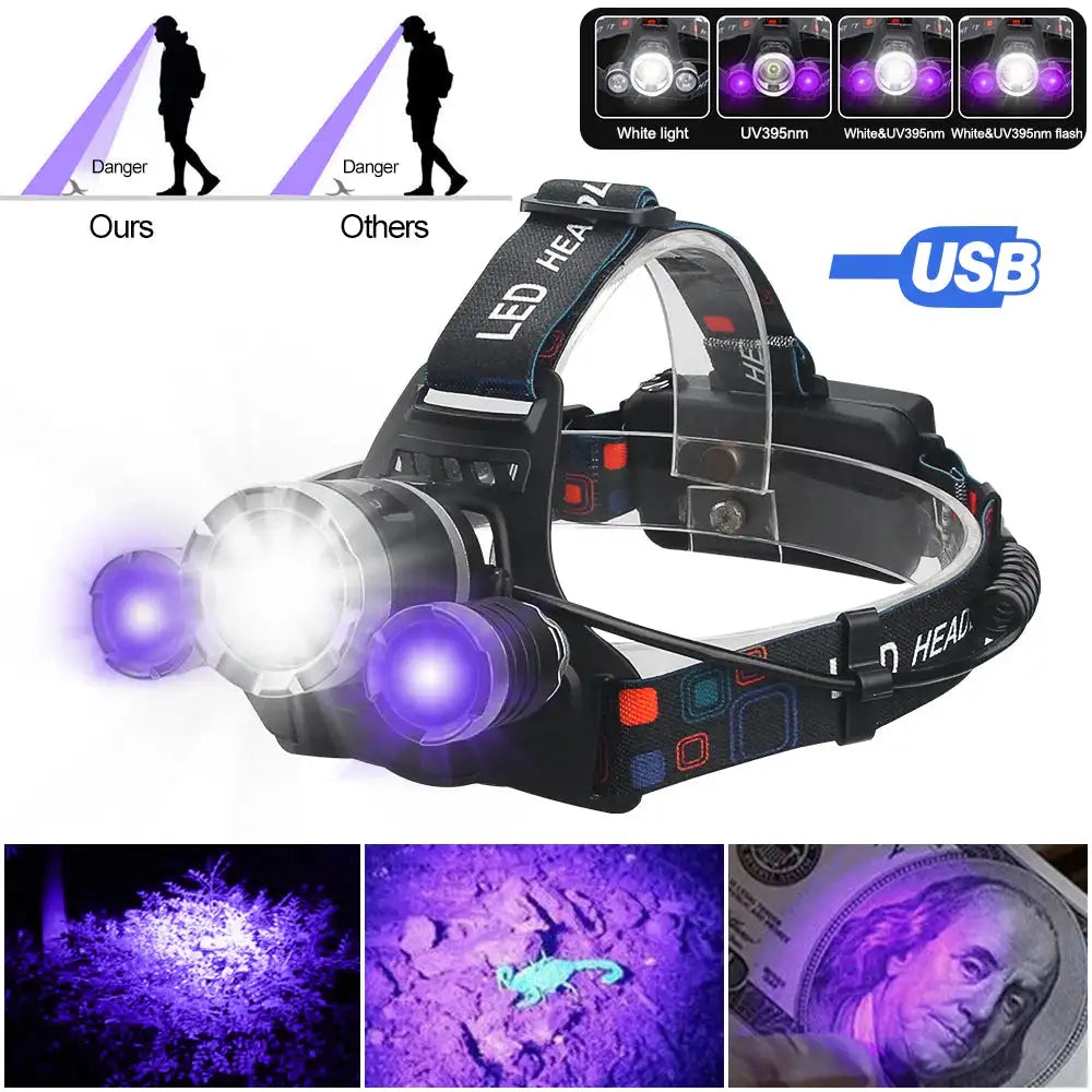 Headlamp Green/Red/UV395nm+White Dual Light Rechargeable Fixed Focus Waterproof 4Modes Headlight Hunting Camping Hiking Working - Lootquake