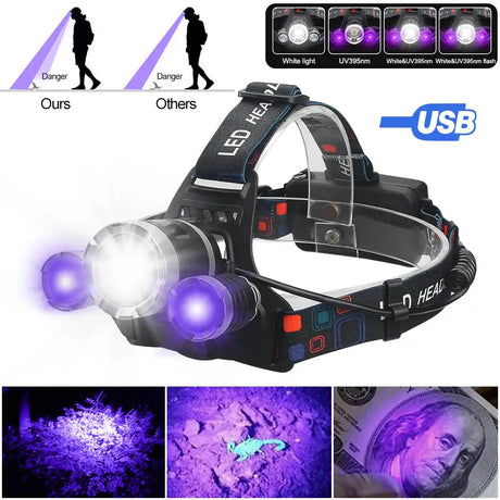 Headlamp Green/Red/UV395nm+White Dual Light Rechargeable Fixed Focus Waterproof 4Modes Headlight Hunting Camping Hiking Working - Lootquake