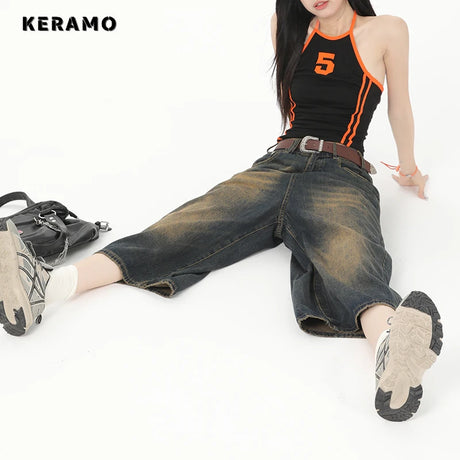 Vintage Streetwear Women Jeans 2024 Summer Loose Male Wide Leg Knee Length Shorts Men's Oversize Fashion Denim Trouser Pants Y2K - Lootquake