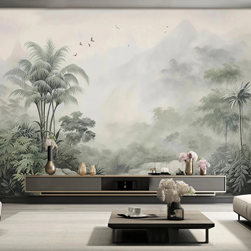 Tropical Green Plants Coconut Trees Distant Mountain Birds 3D Mural Wallpaper Restaurant Clubs KTV Bar Modern Personality Murals