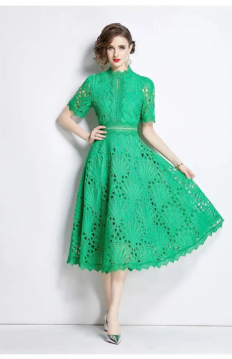 SMTHMA Vintage High-End O-Neck Short Sleeve Lace Hollow Out Dress For Women's Summer Slim Elegant Long Dress Female Clothing - Lootquake