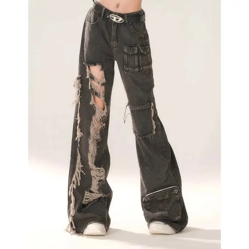 High Waist Ripped Women's Black Jeans Hip-hop Style Fashion Vintage Streetwear Y2K Wide Leg Jean 2024 Trouser Baggy Denim Pants - Lootquake