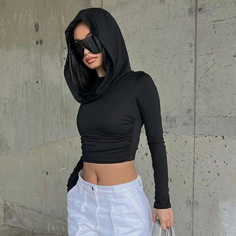 Women's Hooded Crop Tops Autumn Solid Color Long Sleeve Cowl Neck Slim Fit Short T-Shirt Streetwear Sporty Basics Tees - Lootquake