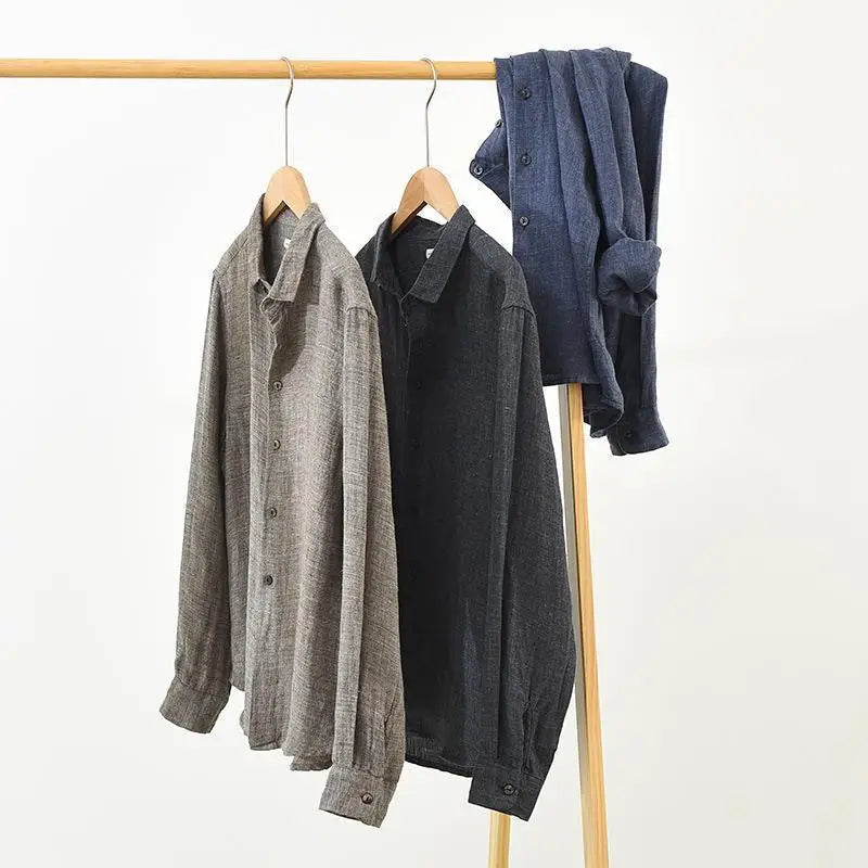 Spring Autumn New Fashion Cotton Hemp Solid Color Long Sleeve Men's Clothing Blouse Loose Casual Korean Trend Simplicity Shirts - Lootquake