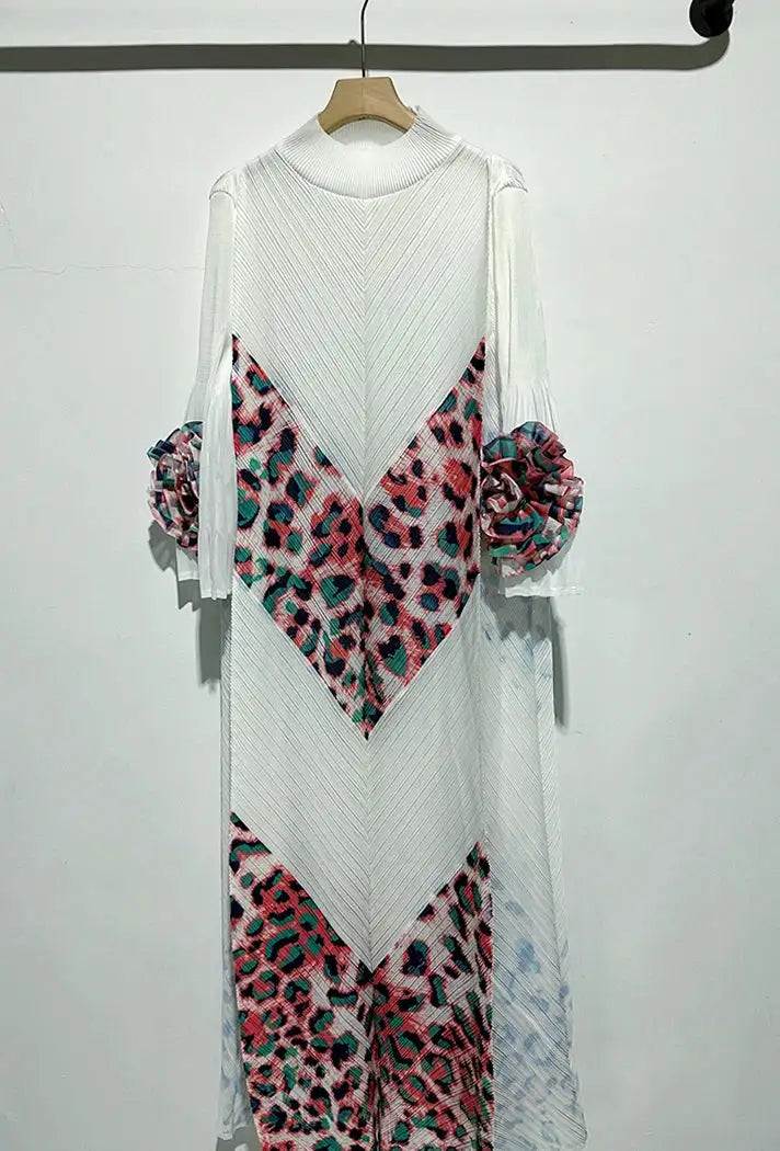 2024 Miyake Fashion Splicing Leopard Print Maxi Dress with Round Neck Hand Shake Flower Horn Sleeves Long Loose Fit Long Dress - Lootquake