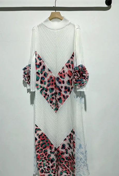 2024 Miyake Fashion Splicing Leopard Print Maxi Dress with Round Neck Hand Shake Flower Horn Sleeves Long Loose Fit Long Dress - Lootquake