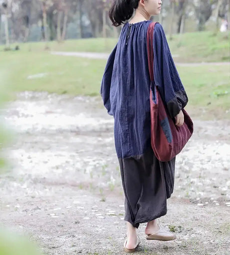 Oversized Spring New Women Big Size Robe Dress Korea Casual Loose Ladies Pullover Cotton Linen Dresses Woman Blue Long Dress - Lootquake