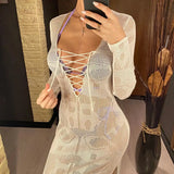 Deep V Dress Lace Up Long Sleeve Women Split Maxi Dress Crochet Knitted Tunic Mesh Sheer Sexy Bodycon Long Dress Vestido V4146B - Lootquake