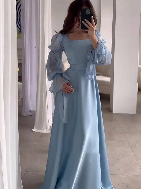 Eid Muslim Party Dress Women Sweet Puff Sleeve Long Dress Square Collar Vestidos Largo Ramadan Abayas Dubai Arab Long Robe 2024 - Lootquake
