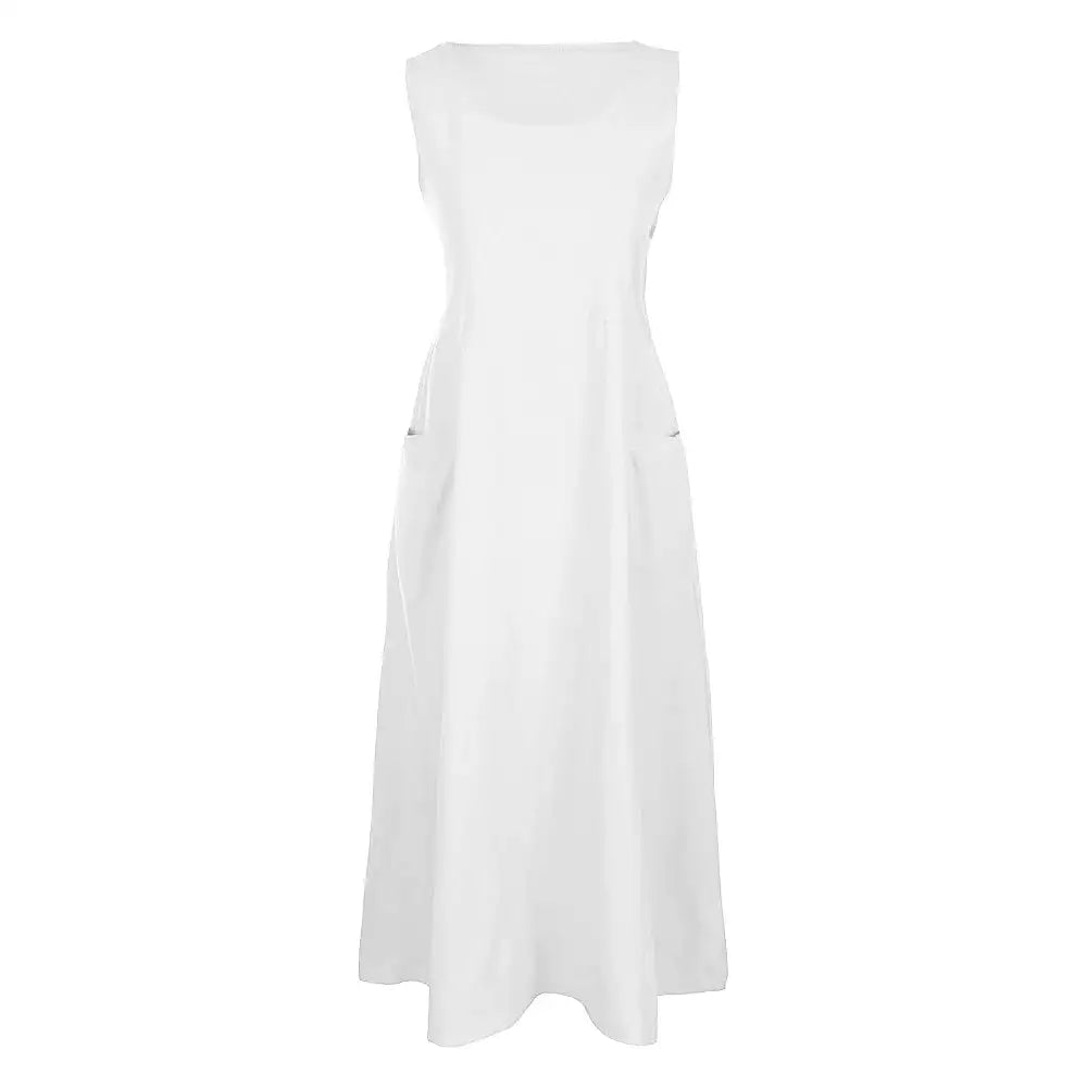 Cotton Linen Sleeveless Dress for Women Summer Pullover Skirt Vestidos Fashion Female Clothing Short Sleeved Loose Long Dress - Lootquake