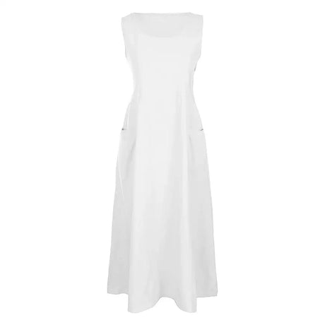 Cotton Linen Sleeveless Dress for Women Summer Pullover Skirt Vestidos Fashion Female Clothing Short Sleeved Loose Long Dress - Lootquake