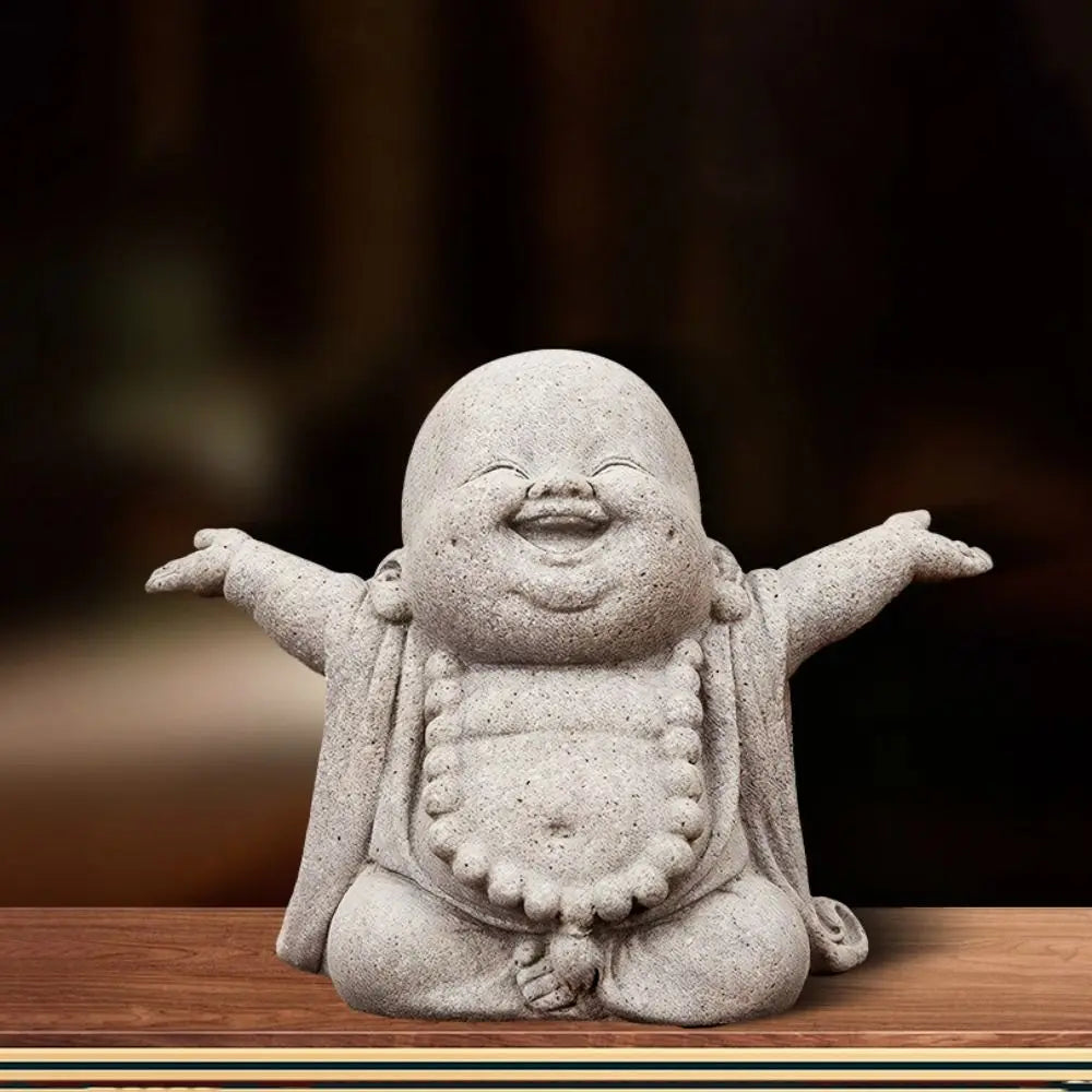 Adorno de Buda sonriente gordo de estilo chino, escultura de Buda de dibujos animados de arenisca verde, estatua de Buda tallada a mano