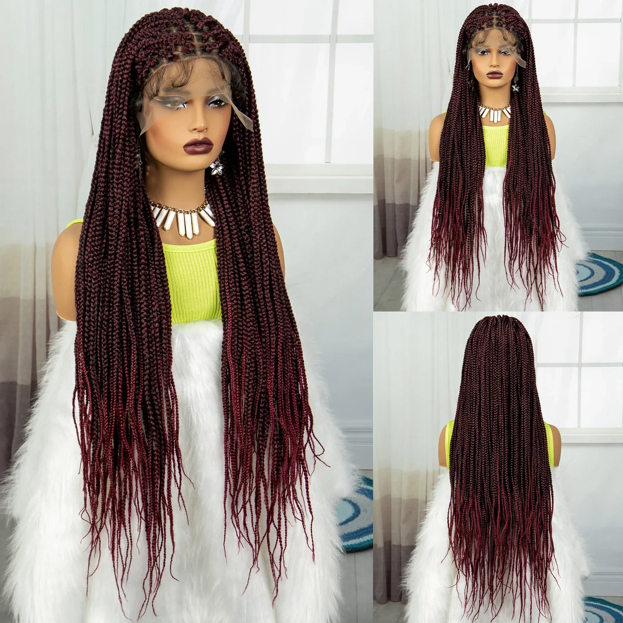 36" Burgundy Knotless Box Braids Wig | 9x6 Lace Front | Baby Hair