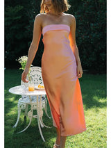 Women Summer Solid Color Party Strapless Dress Sleeveless Backless Elastic Strap Silk Surface Elegant Long Dress - Lootquake