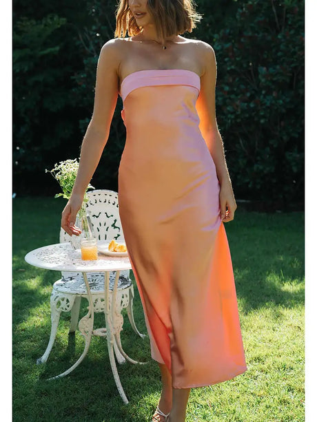 Women Summer Solid Color Party Strapless Dress Sleeveless Backless Elastic Strap Silk Surface Elegant Long Dress - Lootquake