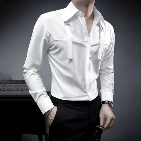 Fashion Unique Suspender Design Long-Sleeved Shirt Mens High-End 2024 Autumn New Trend Casual Solid Color Y2k Mens Shirt - Lootquake