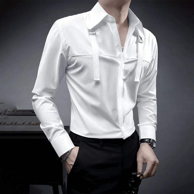 Fashion Unique Suspender Design Long-Sleeved Shirt Mens High-End 2024 Autumn New Trend Casual Solid Color Y2k Mens Shirt - Lootquake