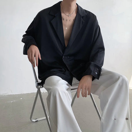 Black White Long Sleeved Shirt Men Oversized Social Mens Dress Shirt Korean Loose Ice Silk Shirt Mens Office Formal Shirts M-XL - Lootquake