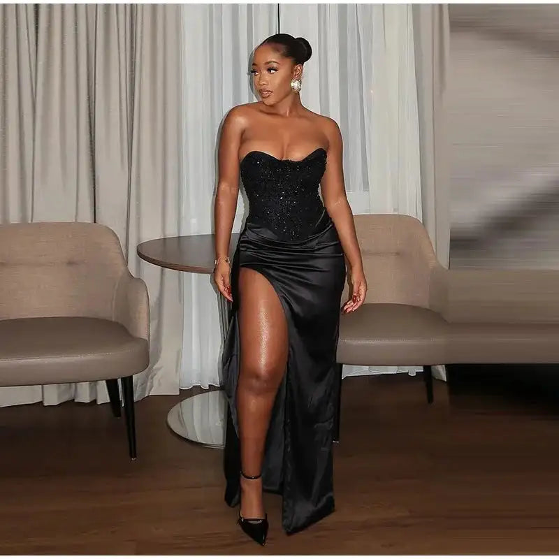 Satin Shiny Sequins Party Long Dress Women Sexy Strapless Sleeveless Backless High Split Dresses 2025 INS Lady Evening Gown - Lootquake