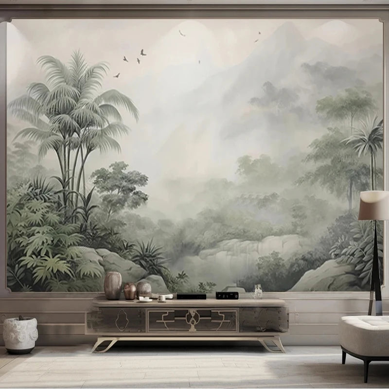 Tropical Green Plants Coconut Trees Distant Mountain Birds 3D Mural Wallpaper Restaurant Clubs KTV Bar Modern Personality Murals