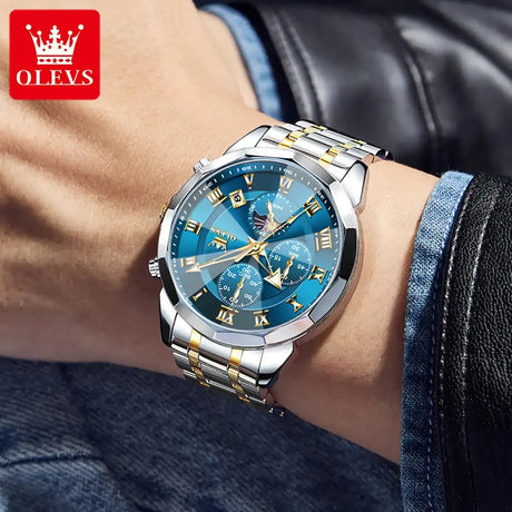 OLEVS 3675 Mens Watch Original Multifunctional Chronograph Quartz Watch Moon Phase Watches For Men Waterproof Mens Gifts Reloj - Lootquake