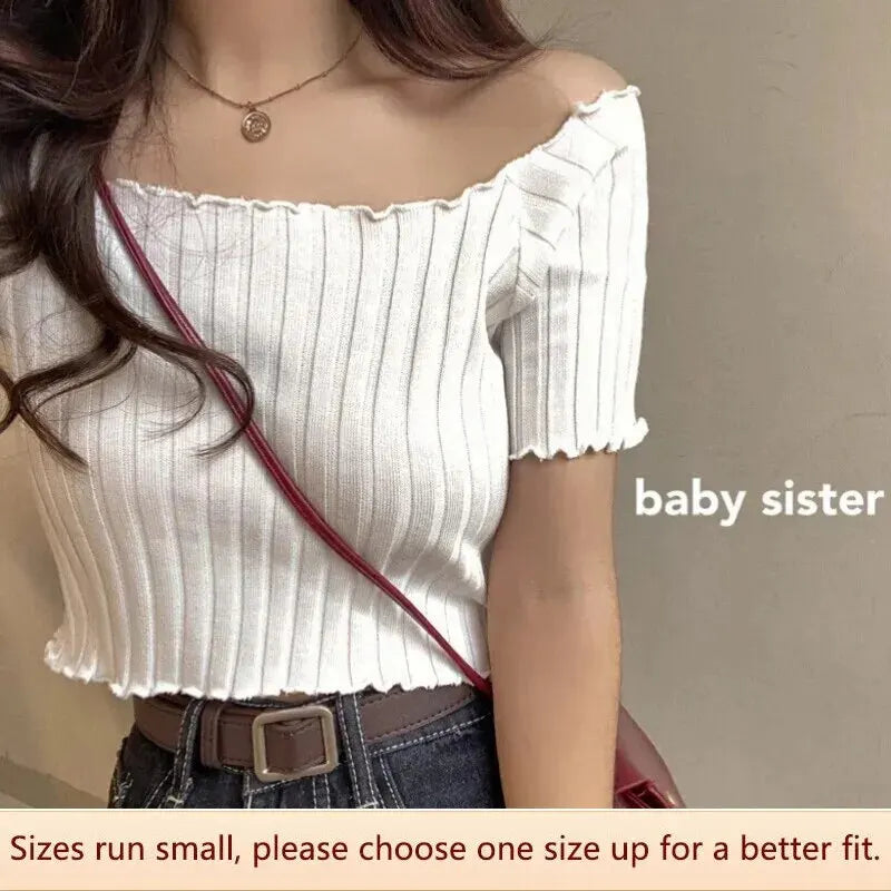 1pc Summer Korea Design Sexy Style Off Shoulder Shirt Fashion Solid Color Printing Lady's Causal Top - Lootquake