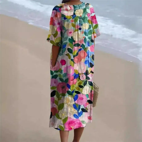 Casual Short Sleeved V-neck Big Swing Dress 2024 New Women's Loose Printed Long Dress Female Retro Flower Print Pullover Dresses - Lootquake
