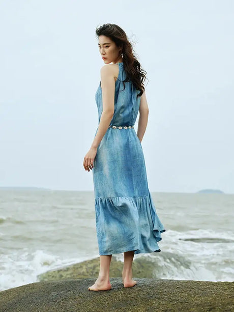 DUSHU Sleeveless Women Long Dress Holiday Style 2024 Summer Strappy Mid-Calf Dress Sashes Decoration Female Dresses 24DS82821 - Lootquake