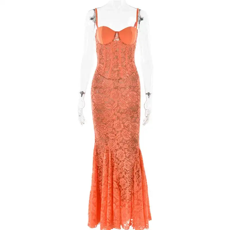 Mozision Floral Lace Sexy Maxi Dress For Women Orange Spaghetti Strap Sleeveless Backless Bodycon Club Party Long Dress Elegant - Lootquake