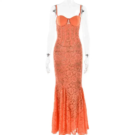 Mozision Floral Lace Sexy Maxi Dress For Women Orange Spaghetti Strap Sleeveless Backless Bodycon Club Party Long Dress Elegant - Lootquake