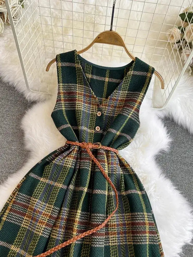 Autumn Winter Plaid Woolen Dress Women Vintage V Neck Sleeveless Long Dress With Belt Streetwear Sundress - Lootquake