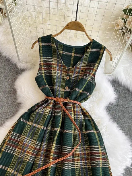 Autumn Winter Plaid Woolen Dress Women Vintage V Neck Sleeveless Long Dress With Belt Streetwear Sundress - Lootquake