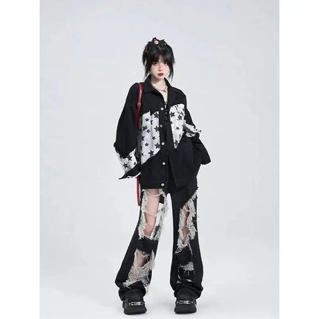 Women's Gothic Black Jeans High Waist Vintage Korean Fashion Y2k Streetwear Ripped Pants Harajuku Casual Wide Leg Denim Trousers - Lootquake