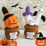 Halloween Pumpkins Ghosts Desktop Decor Crochet Positive Energy Dolls with Cards Handmade Hug Plant for Handwoven Party Gifts