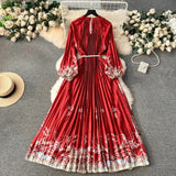 Spring Holiday Print Long Dress For Women Fashion Loose Lantern Sleeve Party Robe Female Big Swing Tassels Belt Pleated Clothes
