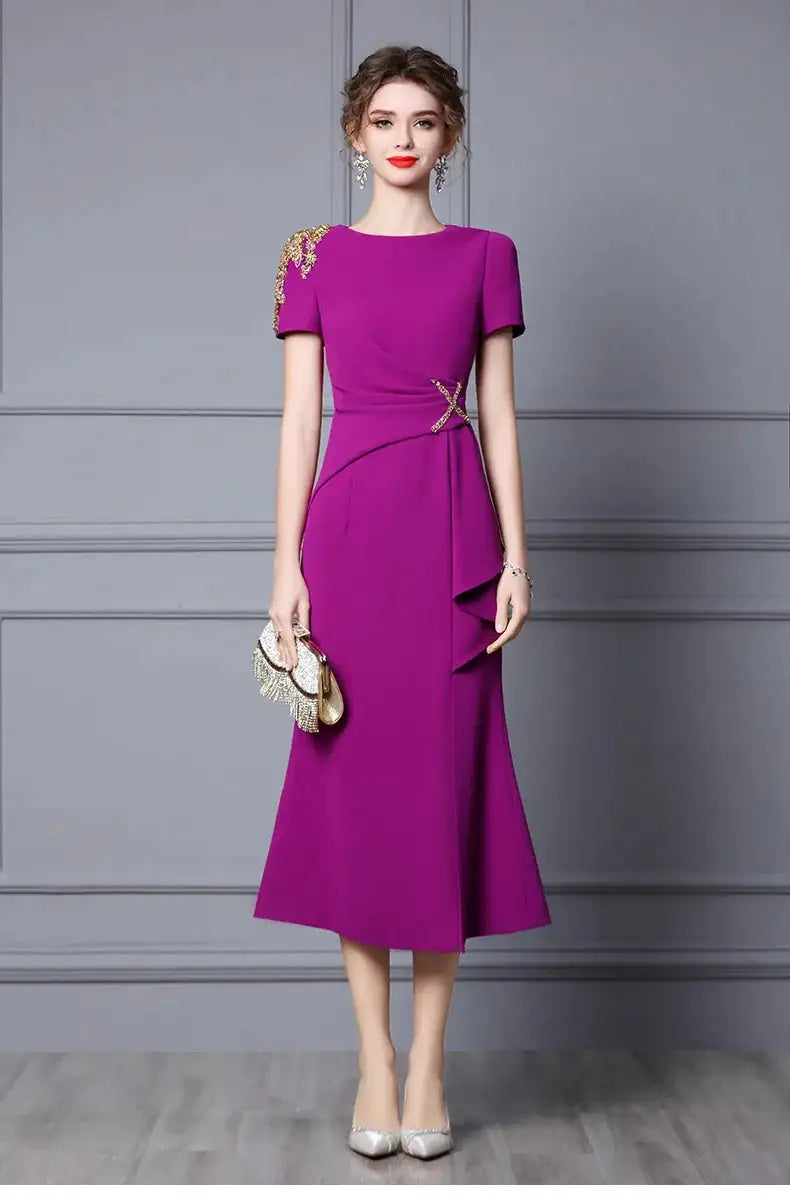 Long Dress Summer 2022 new purple nail drill elegant temperament close waist fish tail evening dress - Lootquake
