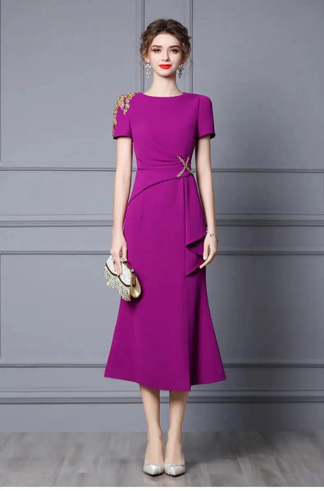 Long Dress Summer 2022 new purple nail drill elegant temperament close waist fish tail evening dress - Lootquake