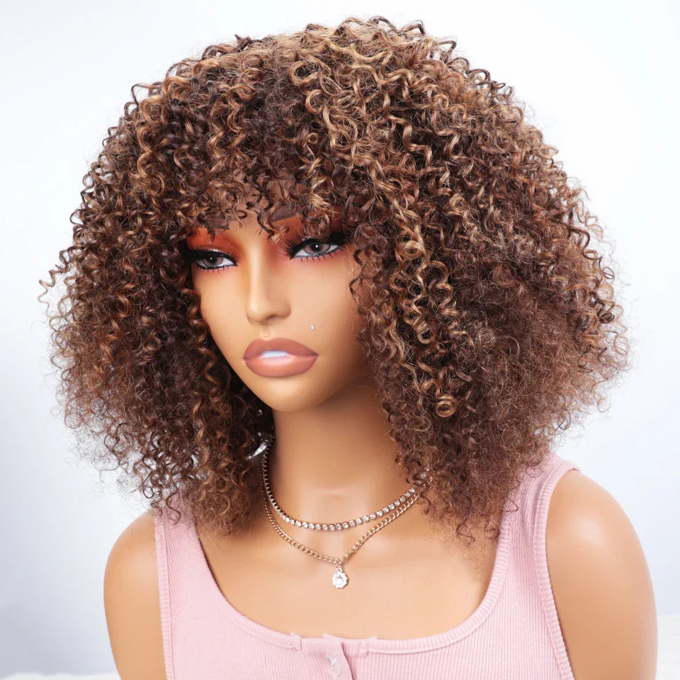 250% Density Blonde Highlight Sassy Curly Wig with Bangs | Glueless Brazilian Afro Kinky Remy Human Hair