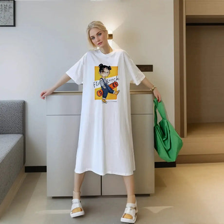 Harajuku Graphic White Long Dress Woman Clothing Y2k Casual Short Sleeve O-Neck Korean Fashion Summer Womens Loose Dresses 2024 - Lootquake