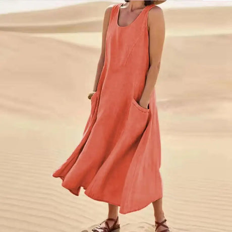 Cotton Linen Sleeveless Dress for Women Summer Pullover Skirt Vestidos Fashion Female Clothing Short Sleeved Loose Long Dress - Lootquake