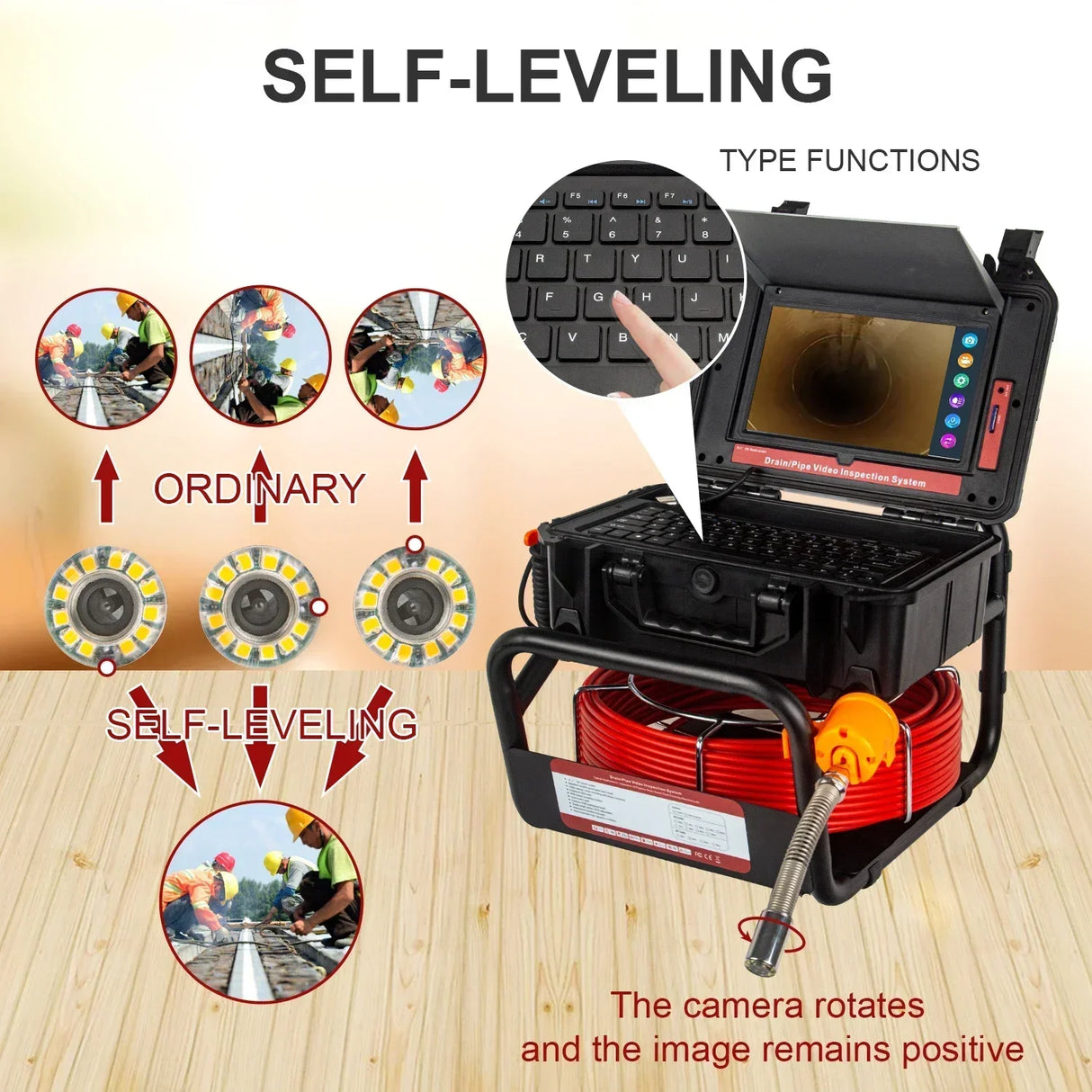Cámara de inspección de tuberías con pantalla de 10,1 pulgadas y 1080P, endoscopio de alcantarillado SYANSPAN con autonivelación, sonda/transmisor de 512 Hz y contador de 30/50 m.