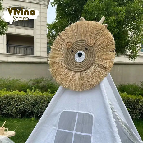 Nordic Hand Woven Lion Wall Hanging Ornaments Cartoon Animal Head Straw Weaving Children Room Wall Decor Tent Party Decoration - Lootquake